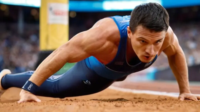 Un atleta corre con intensa velocidad y dedicación hacia la meta