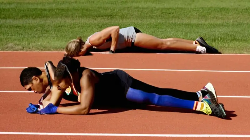 Un corredor y un saltador de longitud se preparaban para su competencia en un vasto campo de juegos con el sol directo