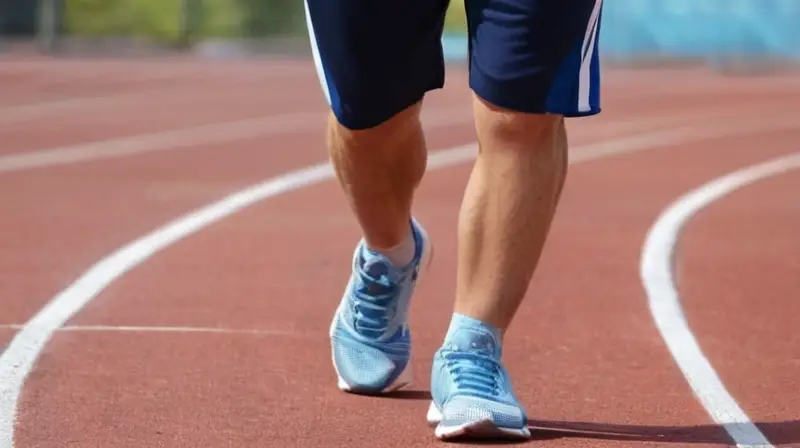 Un hombre maduro y atlético se prepara para una carrera, vestido con ropa deportiva desgastada