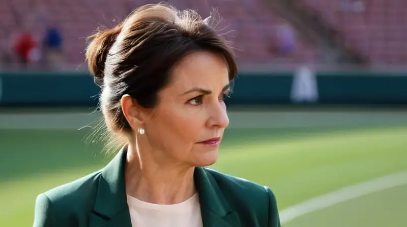 Una mujer de mediana edad y complexión madura se estresa observando un estadio deportivo a la distancia