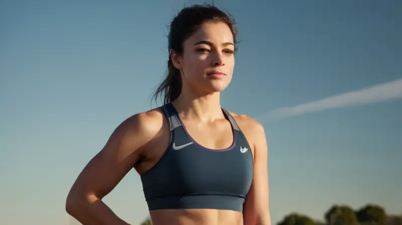 Una atleta femenina se muestra con intensidad en medio de un suave y dorado paisaje soleado