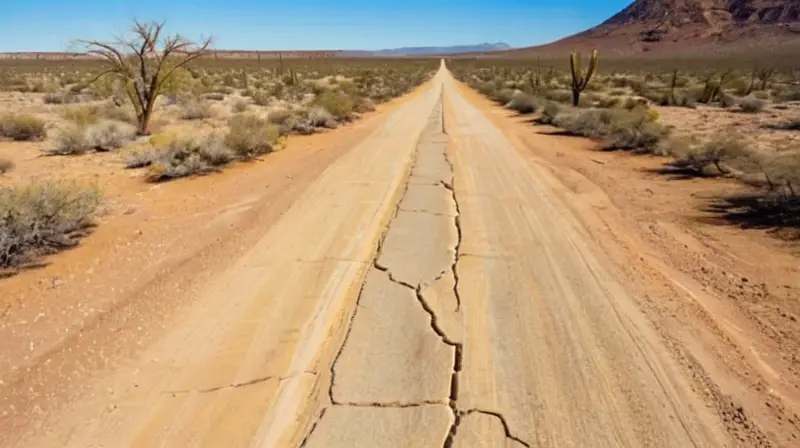 Una carretera antigua y desgastada se extiende sin fin a través de un escenario árido donde tierras áridas se funden con arbustos esporádicos en una paleta cromática marrón amarillenta