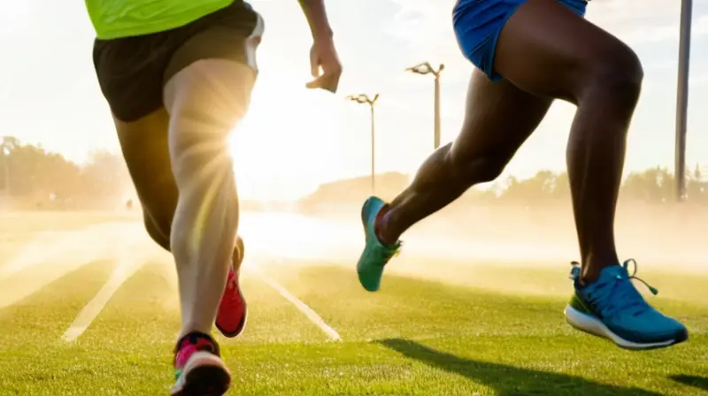 Atletas corriendo en línea unida sobre una pista verde y húmeda bañada por la luz solar