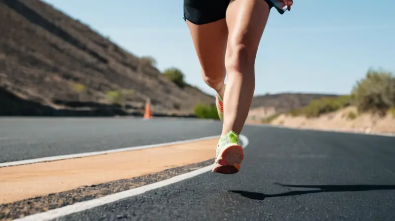 La mujer joven vuela con gracia sobre la carretera asfaltada, descalza