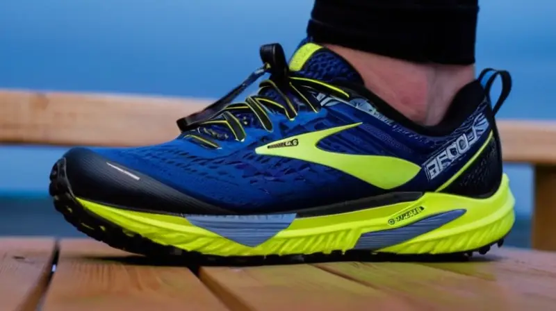 Un par de zapatos Brooks Cascadia 15 se muestra con detalle en un banco