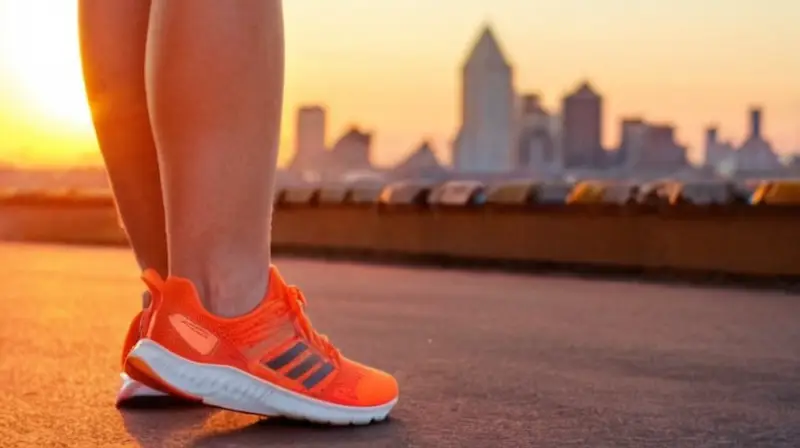 Una corredora camina hacia adelante, con sus zapatillas brillantes y ligeras que se destacan sobre un fondo suavemente iluminado de la ciudad al atardecer