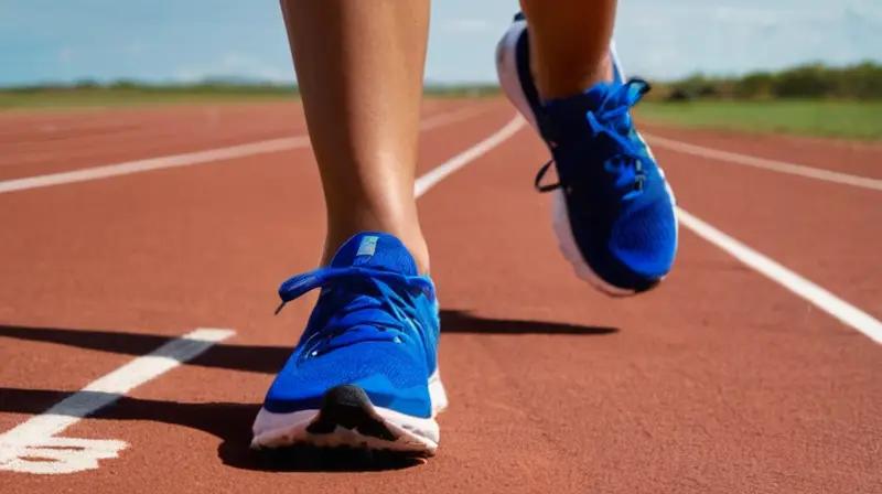 Una corredora descalza se pasea por una pista de deporte iluminada por el sol brillante