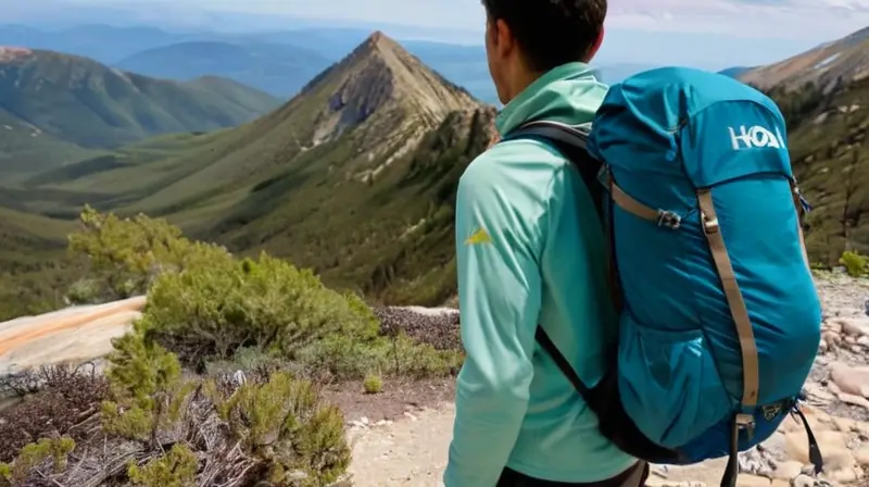 Un hiker cansado se refugia bajo la sombra de montañas rudas con su chaqueta y mochila, rodeado de un entorno natural donde las luces y las sombras danzan en el paisaje