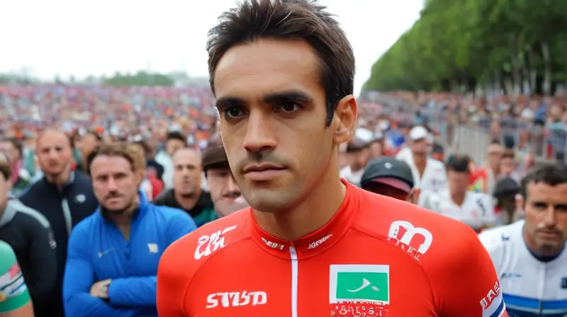 Alberto Contador posa confiado frente a una multitud de fanáticos en el fondo, mientras lleva un equipo de ciclismo ajustado con colores negro y blanco