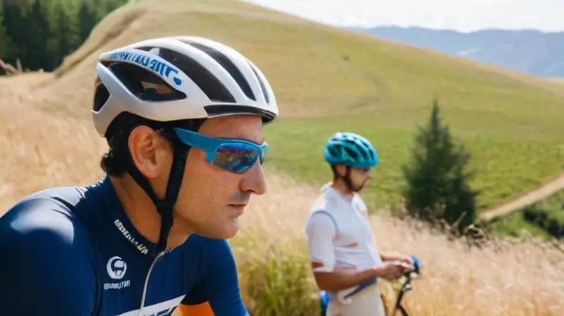 Miguel Indurain viste una cazadora deportiva blanca con mangas azules y shorts de similar color, al borde de subir a su bicicleta ajustada en posición de partida