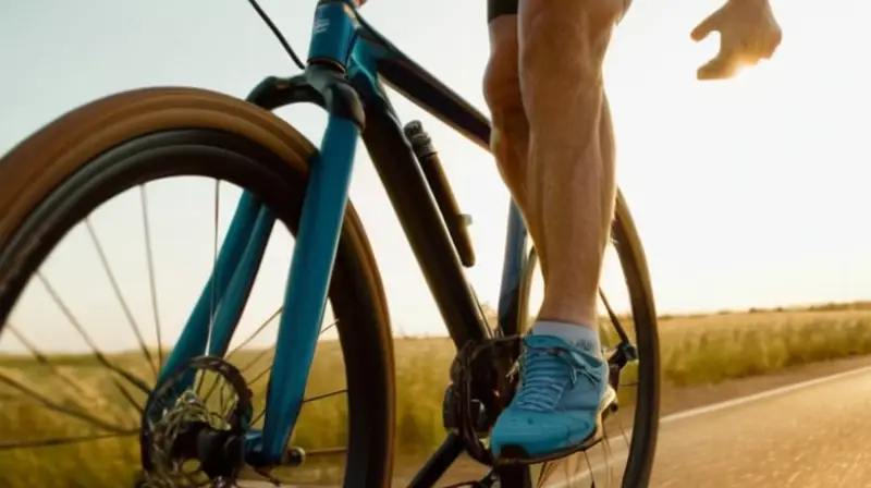 Un hombre se enfoca en pedalear su bicicleta mientras sus piernas están tensadas debajo de su ropa deportiva