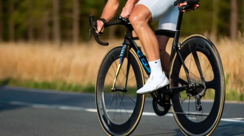 Un joven ciclista profesional se sienta en una bicicleta de carretera con un marco, ruedas y manubrios impresos en 3D con fibras de carbono, reflejando la luz ambiente sobre su piel tonificada