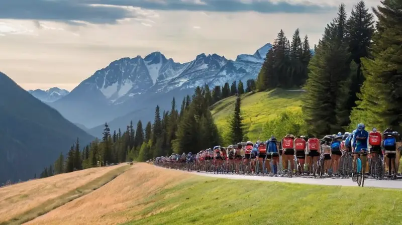 Un grupo de ciclistas de montaña y atletas de apoyo descansan en la parte frontal de una plataforma junto a los metales