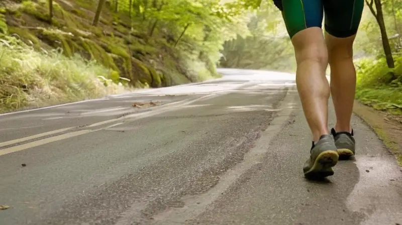 Un ciclista calvo mira hacia la distancia bajo un sol brillante en una carretera que se desvía a la izquierda rodeado de árboles y sombras gentiles