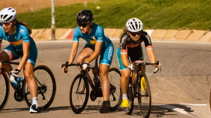 Un grupo de 6 mujeres ciclistas rodeadas de un fondo confuso y lejano se ven en una escena soleada