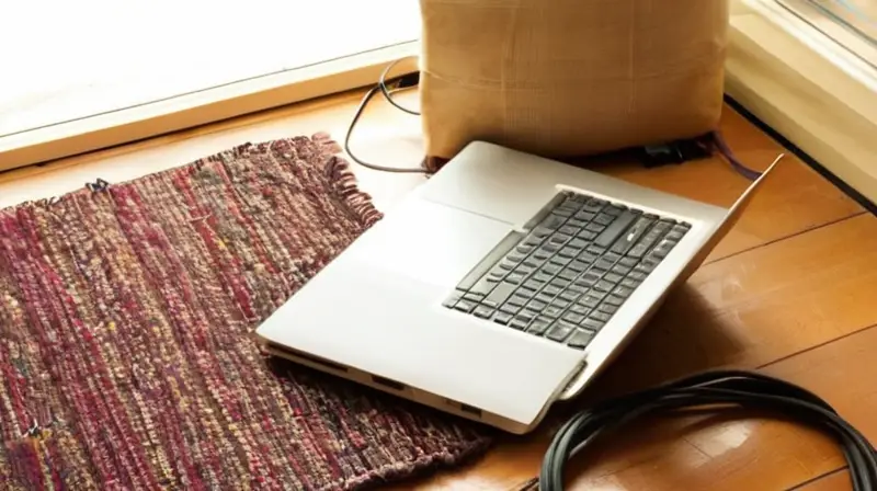 Una laptop y una estación de enchufes están sobre un escritorio desordenado, iluminados por la suave luz de una ventana