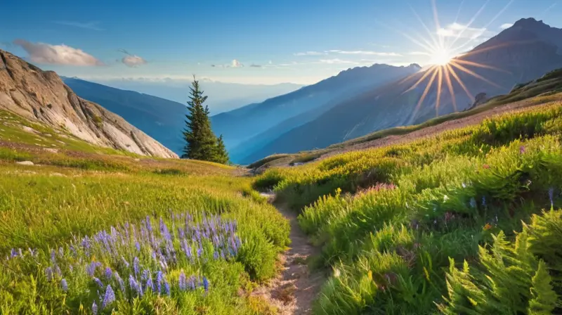 La montaña se despliega como una vasta telaraña verde y azul que combina rocas oscuras con praderas de flores salvajes