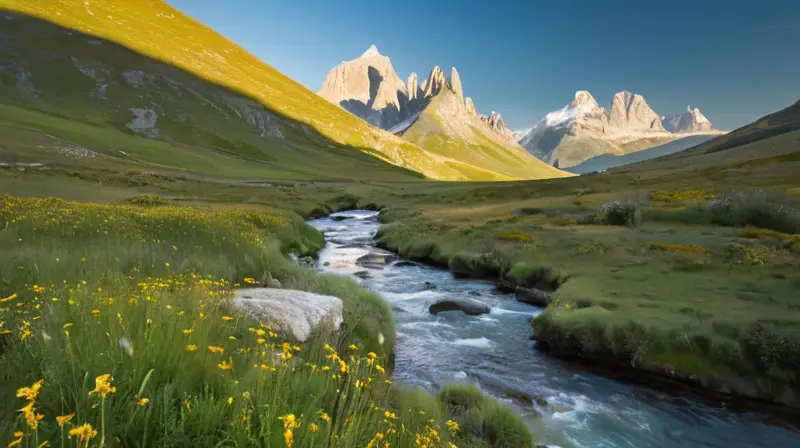 Un paisaje sereno de la región pirineo caracterizado por colinas verdes y rocas calizas, un arroyo cristalino y flores salvajes iluminado por el sol con un cielo despejado