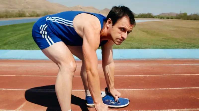 Un hombre maduro con la tez arrugada se encuentra de pie en el borde de un campo de atletismo