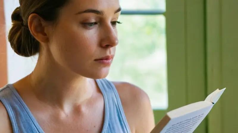 Una mujer leía un libro sobre beneficios para la salud mientras disfrutaba de un desayuno relajante en una mesa de madera clásica