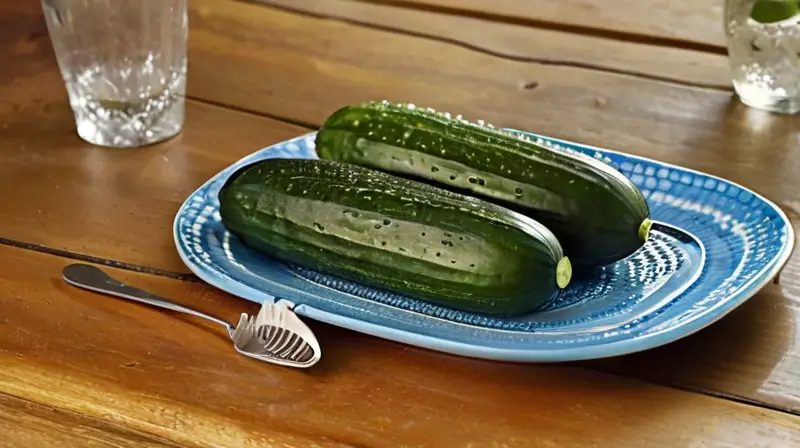 En una mesa antigua se encuentra un vaso de agua fresca con rodaja de pepino, iluminados por la luz suave del sol