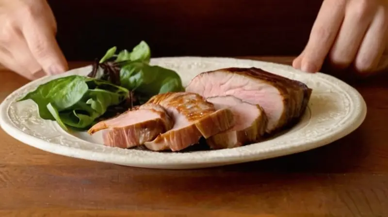 La fotografía muestra una persona relajada observando una estructura de carne finamente apilada en un plato