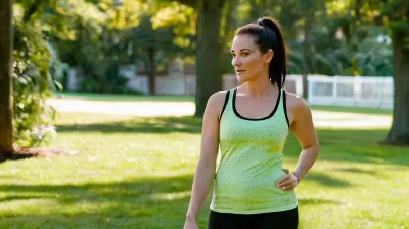 Una mujer en sus 30s con un estilo deportivo, está parada en la hierba de un prado rodeada de árboles, con una mirada pensativa