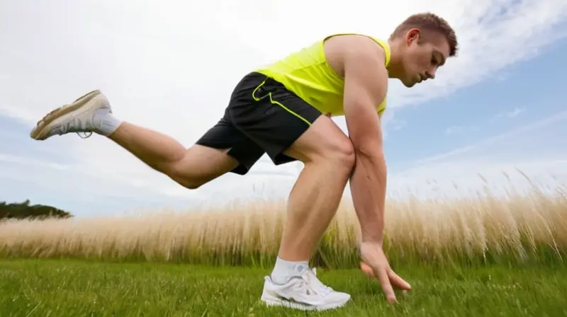 Un hombre de aproximadamente 30 años de edad se encuentra en un campo yerberoso, ejecutando un ejercicio de entrenamiento con movimientos fluidos y balanceados, iluminado por la luz del sol bajo un día cálido