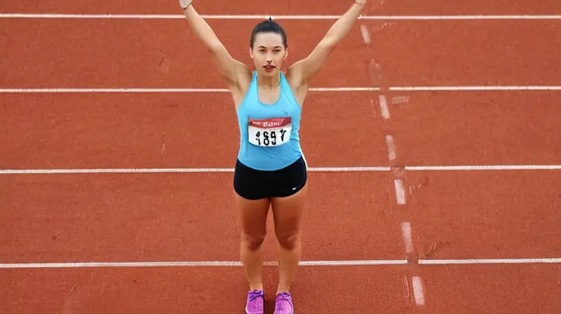 Una persona está en la línea de arranque de una pista de atletismo, con los brazos extendidos hacia arriba y la mirada fija en la meta