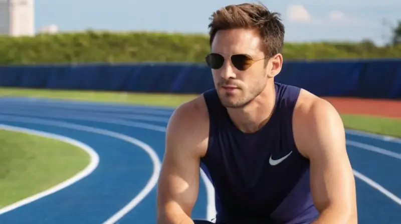 Un atleta estadounidense se encuentra en un estadio de Tokio durante una jornada calurosa, vestido con un tanque deportivo y mostrando evidentes características musculares