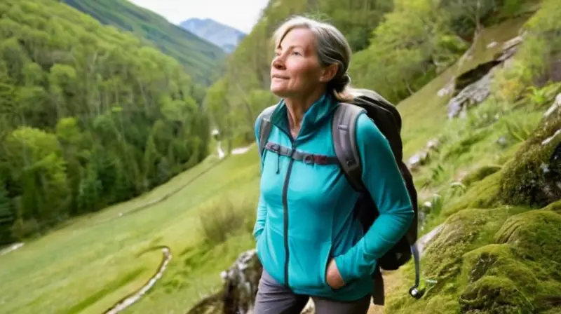 Una mujer adulta camina por un sendero verde embarrado vestida con ropa de trekking desgastada que le permite moverse libremente