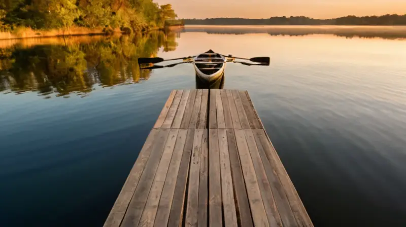 Una tranquila escena de un lago al amanecer, con la luz del sol filtrando entre las nubes y creando sombras danzantes en el agua