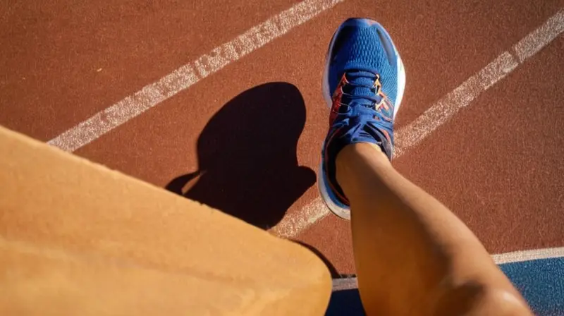 Un corredor se desplaza suavemente sobre la pista con sus zapatos de running reflejando los cambios en la iluminación