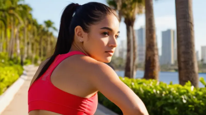 Una joven mujer hispana de cabello negro se prepara para correr en un parque urbano, radiando determinación y resistencia