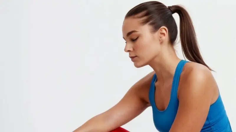 Una joven vestida con un top rojo y short de entrenamiento se prepara para ejercicio teniendo la vista cerrada