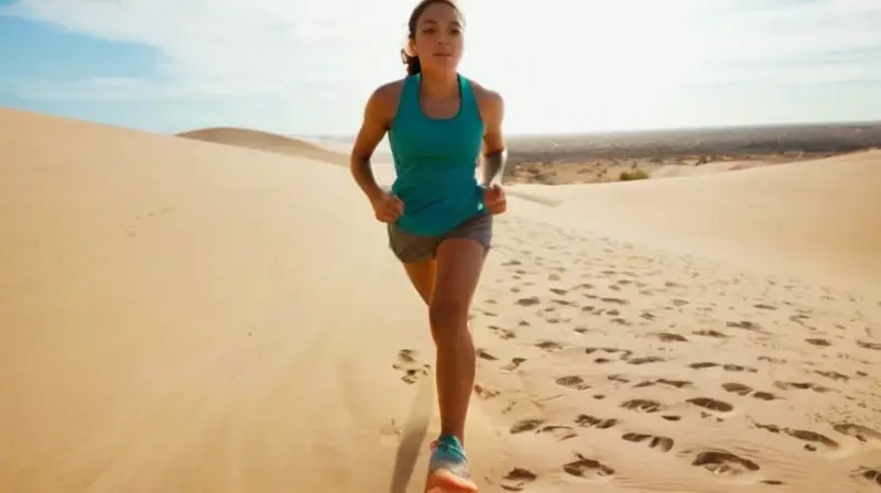 Un joven corre en el desierto bajo un sol escaldante a media mañana