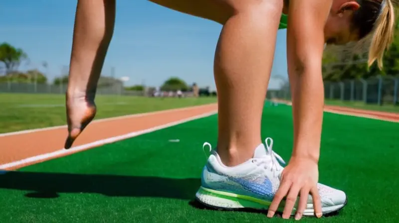 Un joven atleta balanceado en un pie se prepara para otro ejercicio, con la vista fija en un manta de saltos