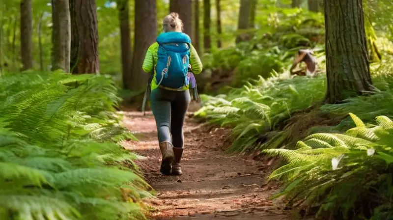 Una mujer con un perro camina por un sendero en un bosque tupido rodeada de árboles maduros y densa vegetación