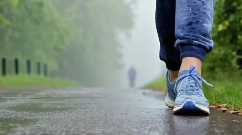 Un corredor con ropa usada cruza un camino gris bajo una nube oscura y lluviosa