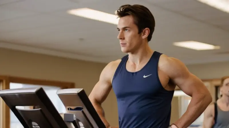 Un hombre en forma con su cabello despeinado y sudoroso se enfoca en trotar en la cinta de correr mientras estudia su progreso