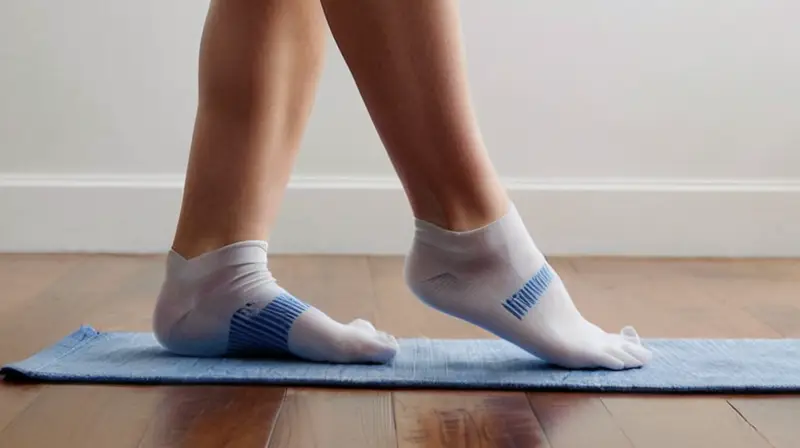 La mujer está parada en una habitación con un suelo de madera, vestida con ropa deportiva y calzado blanco, cerca de un ejercicio mat y una toalla a su lado