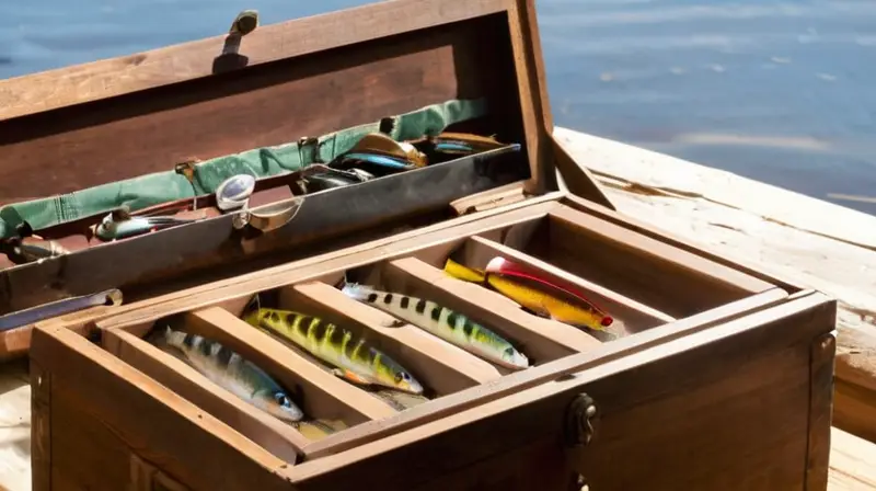 El tackle box de madera oscura está abierto para mostrar sus herramientas de pesca ordenadas cuidadosamente dispuestas dentro