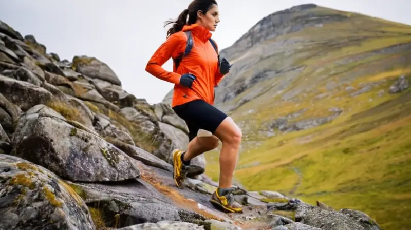 Un corredor de trails se encuentra en una roca de un terreno montañoso con calzado y equipo de trail running adecuados para la ocasión