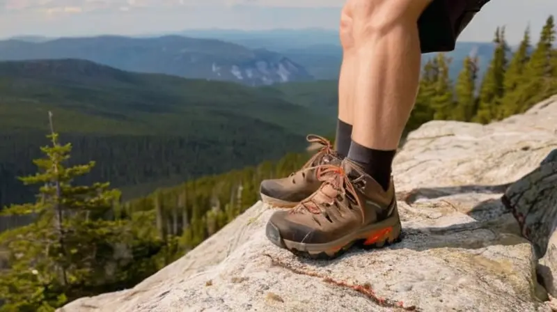 Un excursionista se sienta en una roca granítica con vista despejada, vestido con ropa de senderismo y equipos de montaña