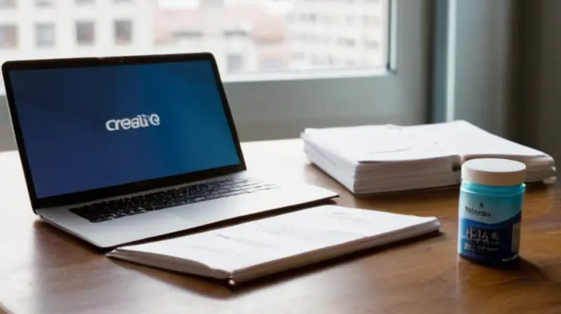 La escena muestra un estudio acogedor con una computadora y varios suplementos de deporte sobre su escritorio