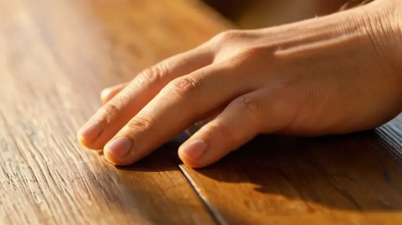 Una persona arranca sus nudillos mientras sostiene la mano sobre una mesa de madera desgastada iluminada por el sol