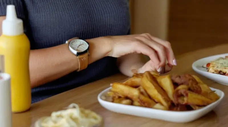 Una mujer sola se sienta en una mesa con los restos de una comida informal