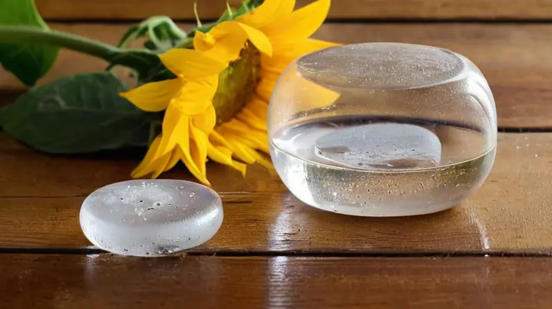 En una mesa de madera rusticilla, un cristal de hielo ovalado reposa junto a un libro y una botella con pastillas