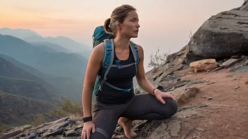 DHiane François se yergue sobre un boulder con vistas de paisaje montañoso envuelto en niebla y cálido resplandor matutino