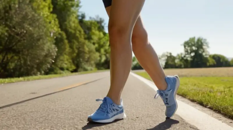 Una mujer corriendo con una forma saludable se mantiene firme con la pierna delanteral extendida hacia adelante mientras camina por el asfalto